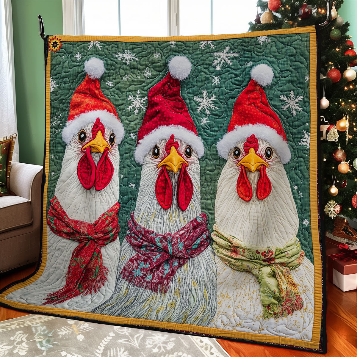 Three Santa Chicken WY0212014CL Quilt