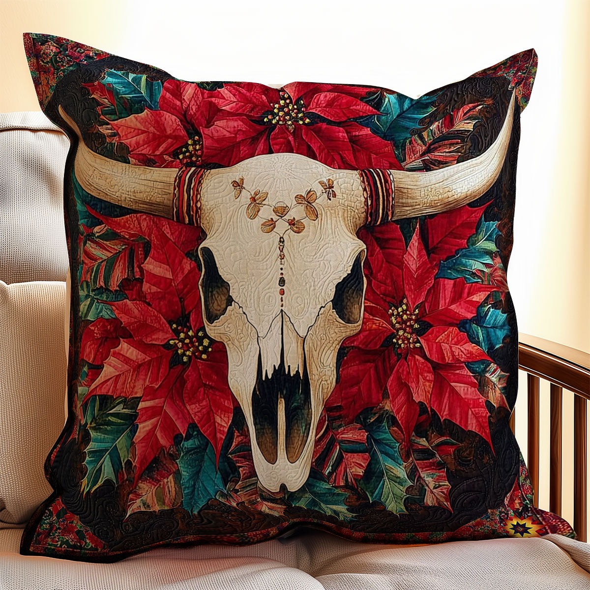 Poinsettia Cow Skull WY0412126CL Quilt Pillow Case