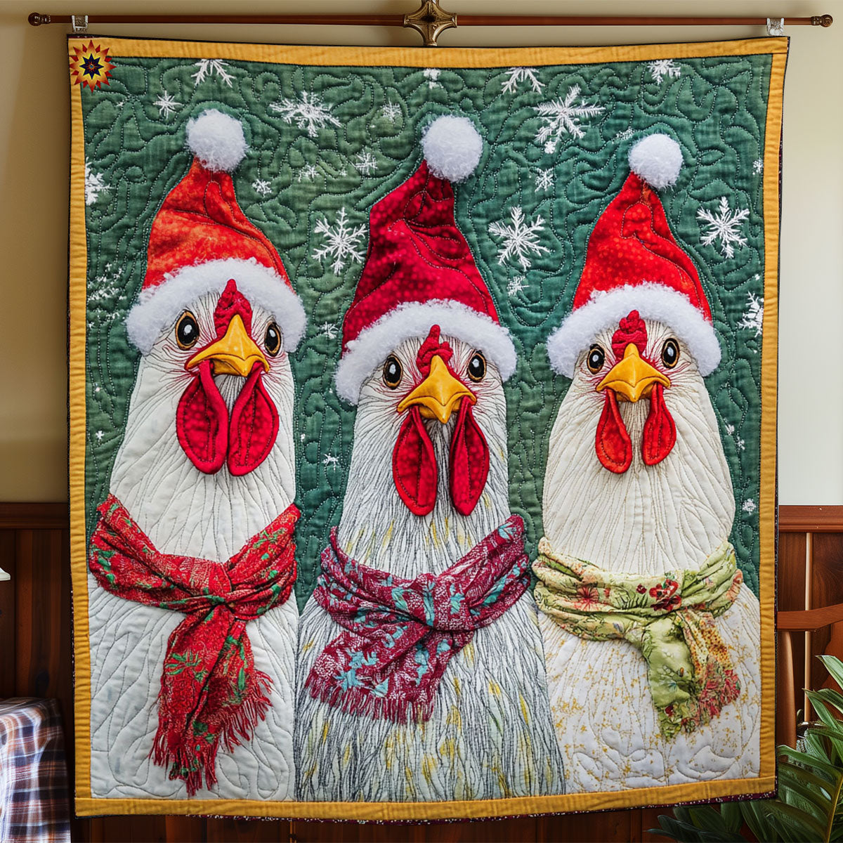 Three Santa Chicken WY0212014CL Quilt
