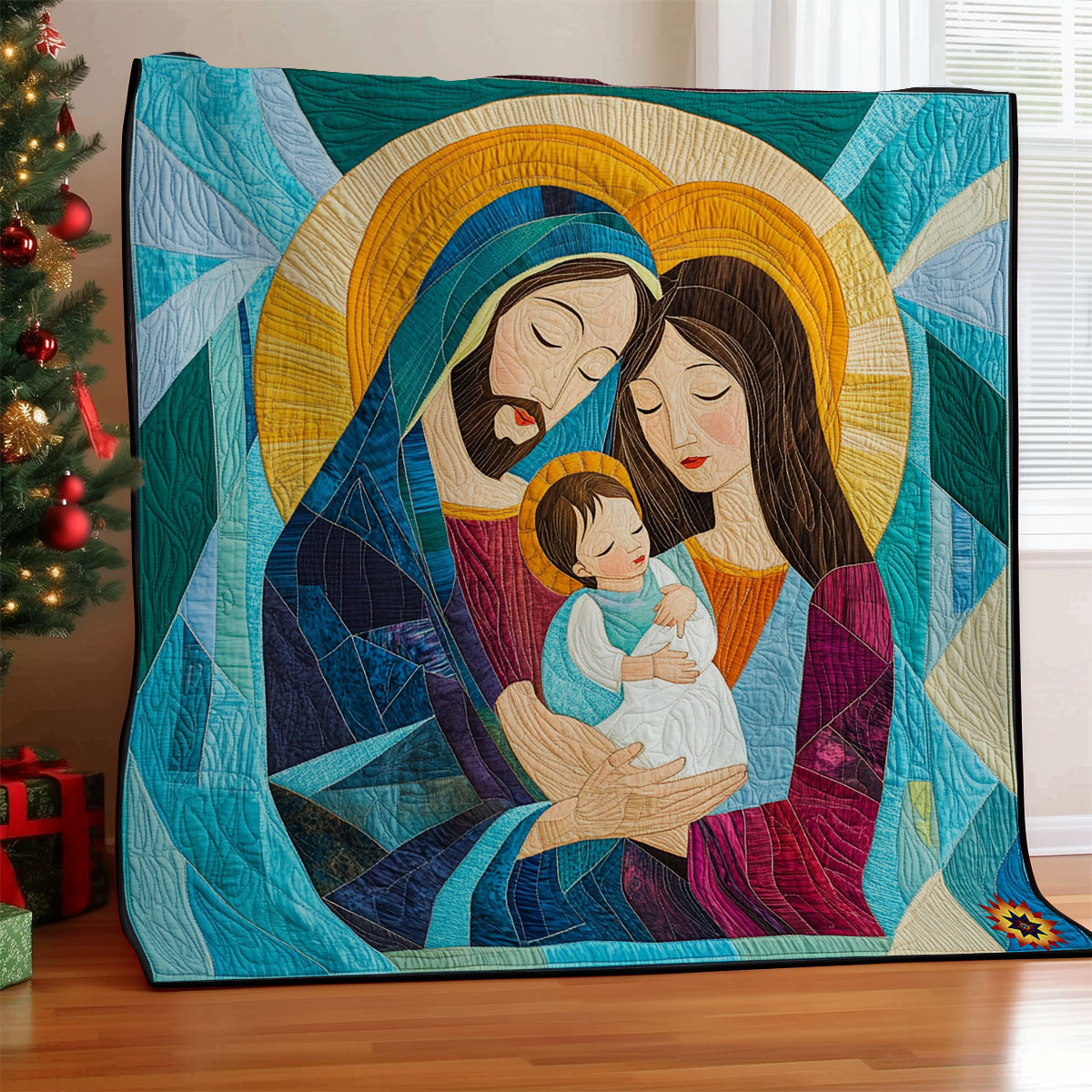 Teal Holy Family Abstract WY1811045CL Quilt