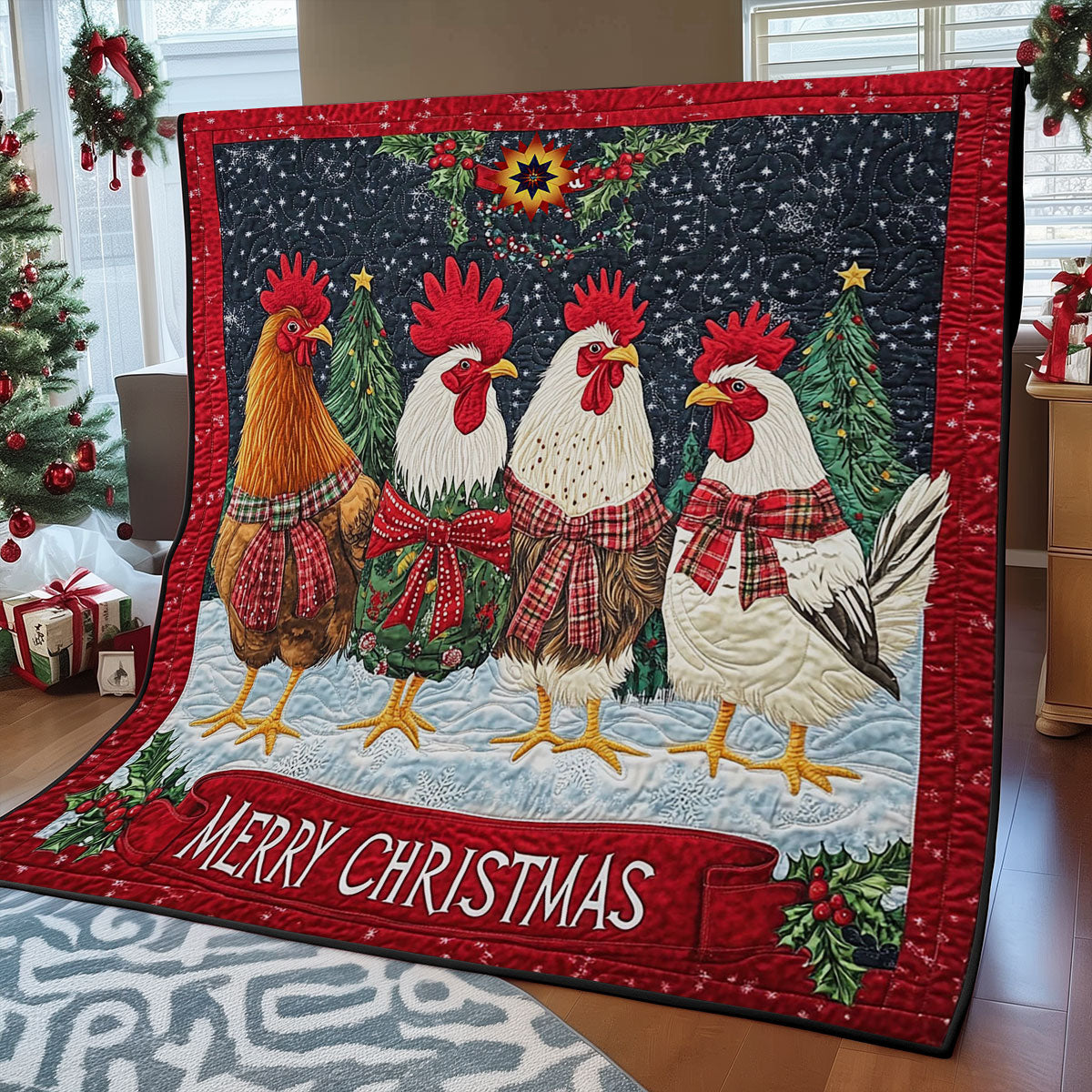 Christmas Chicken Family WY2511016CL Quilt