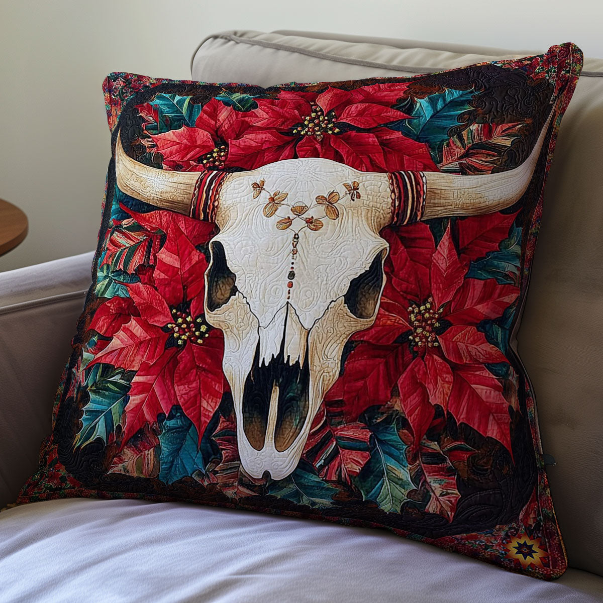 Poinsettia Cow Skull WY0412126CL Quilt Pillow Case