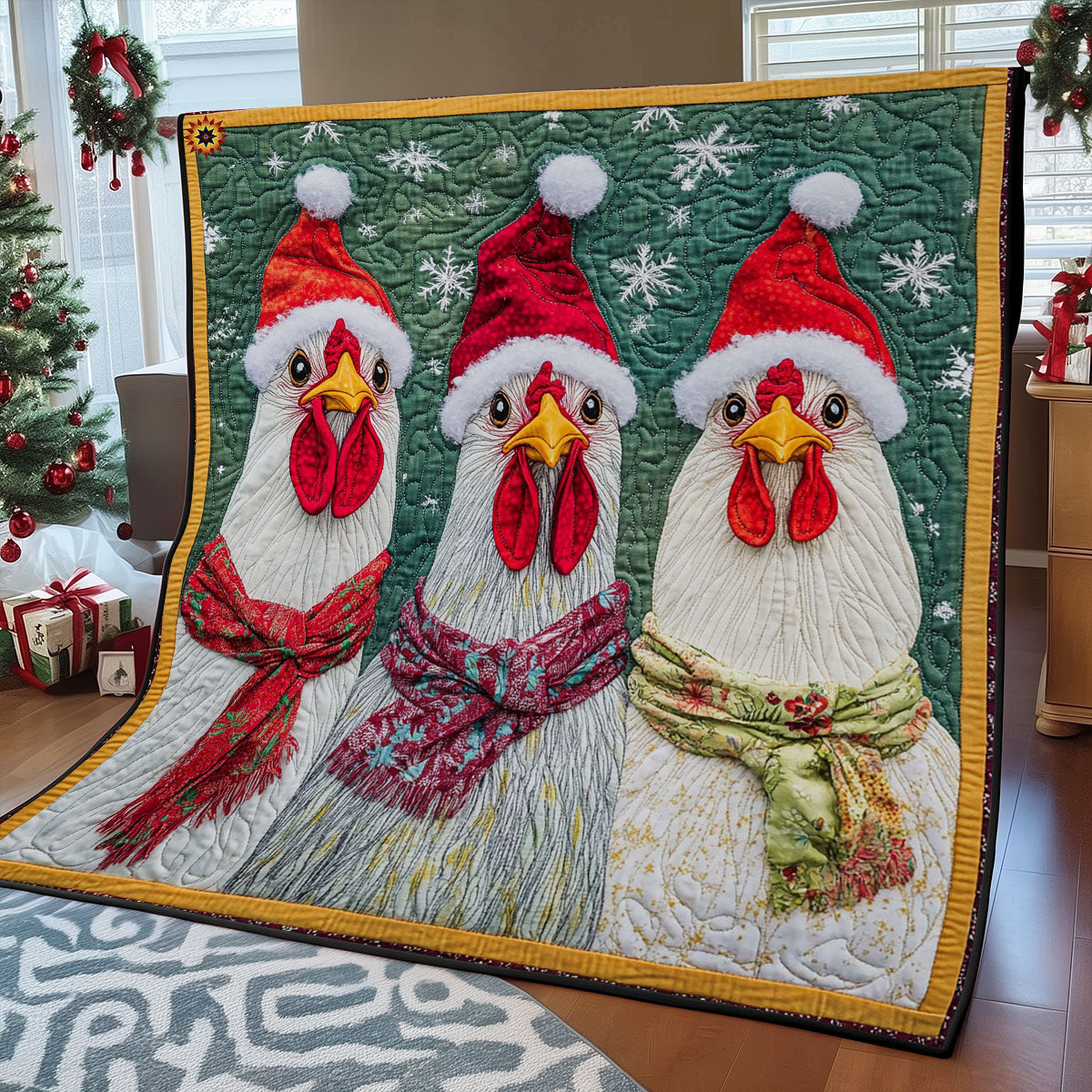 Three Santa Chicken WY0212014CL Quilt