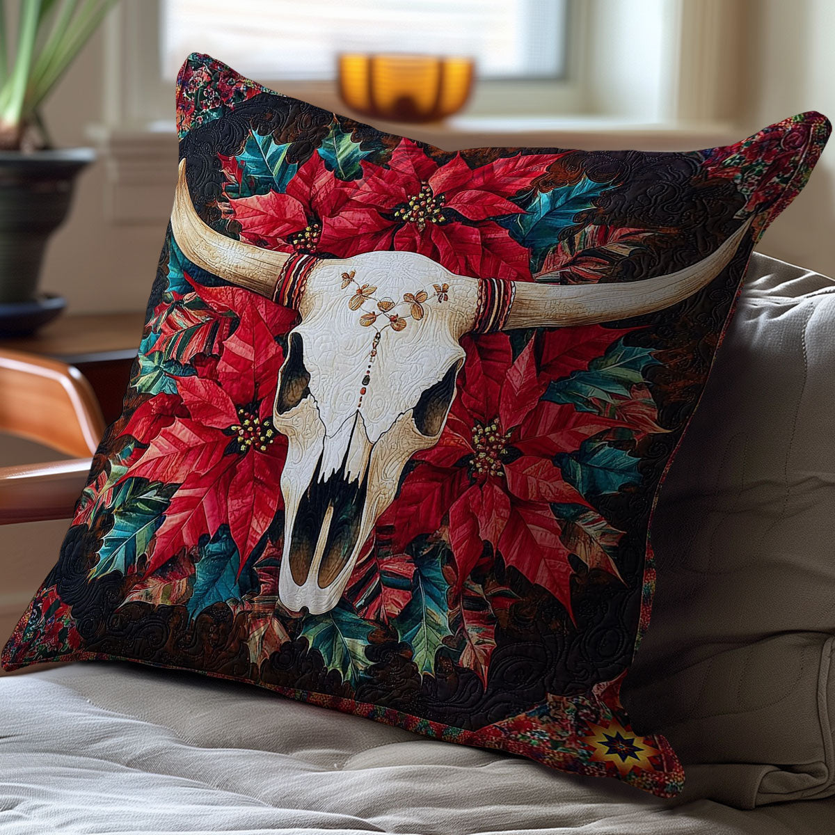 Poinsettia Cow Skull WY0412126CL Quilt Pillow Case