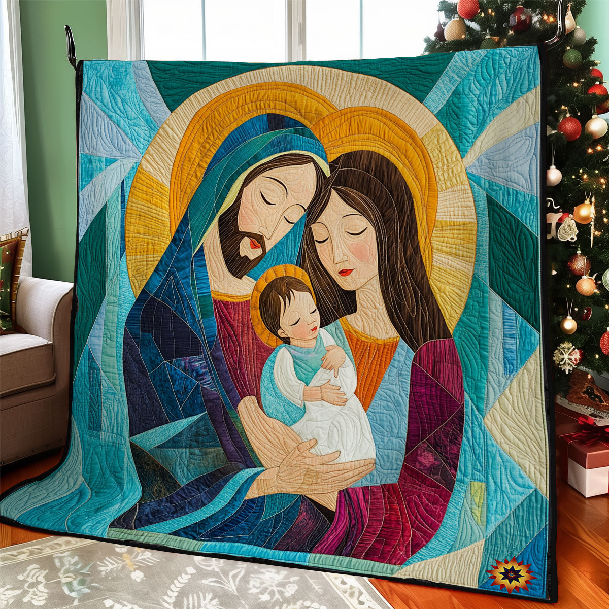 Teal Holy Family Abstract WY1811045CL Quilt