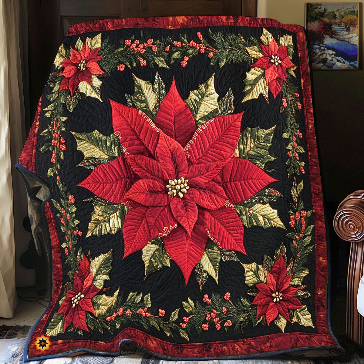 Poinsettia Sparkle Night WU1912015CL Quilt