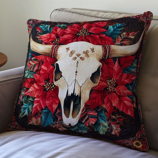 Poinsettia Cow Skull WY0412126CL Quilt Pillow Case