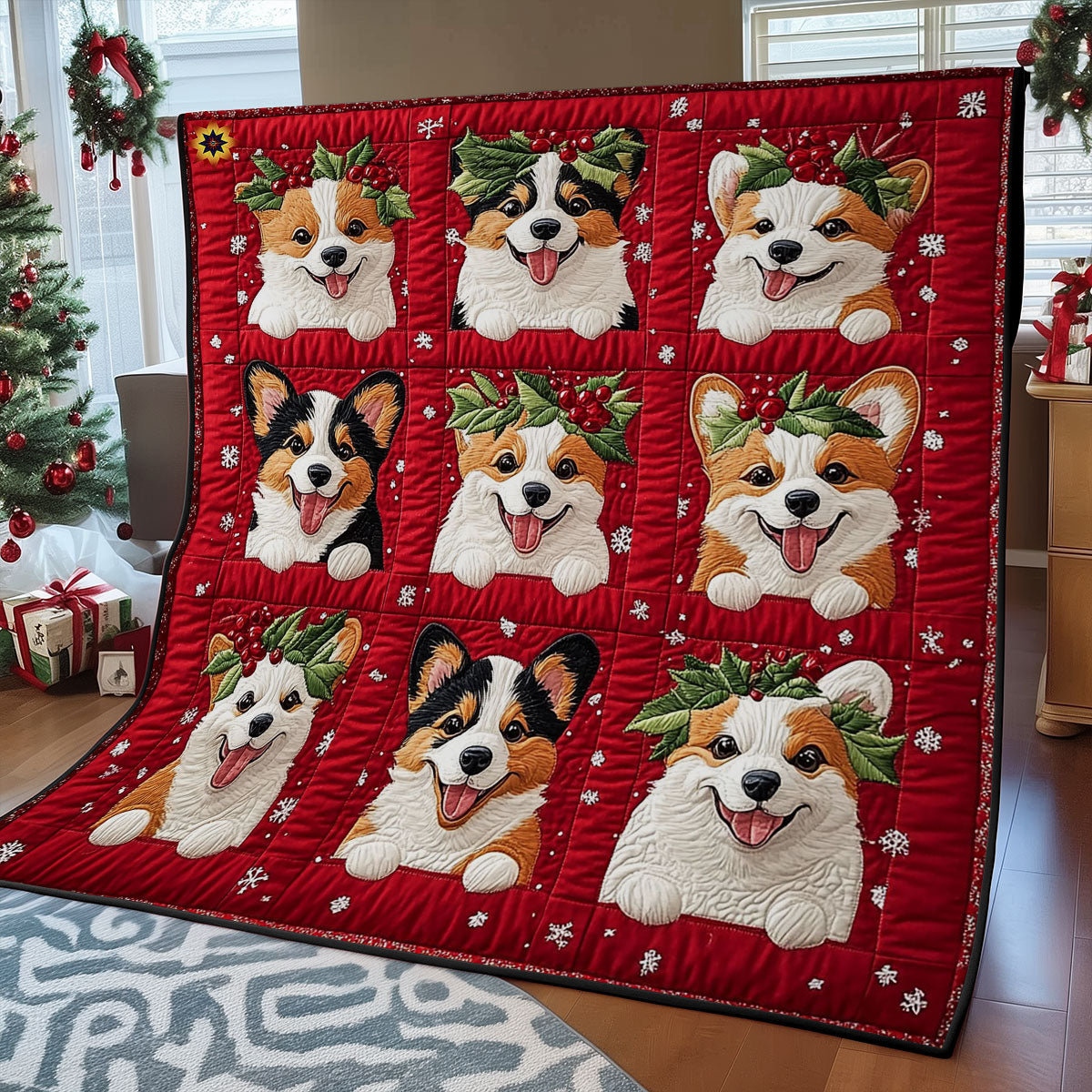 Holly Head Wreath Corgi WY1212012CL Quilt