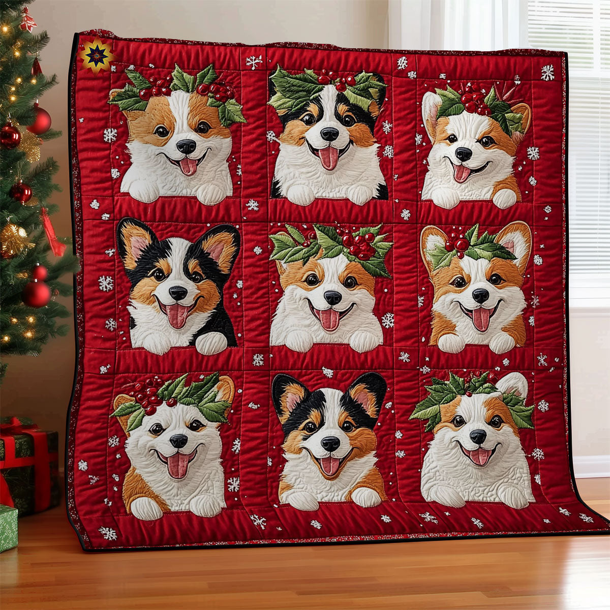 Holly Head Wreath Corgi WY1212012CL Quilt