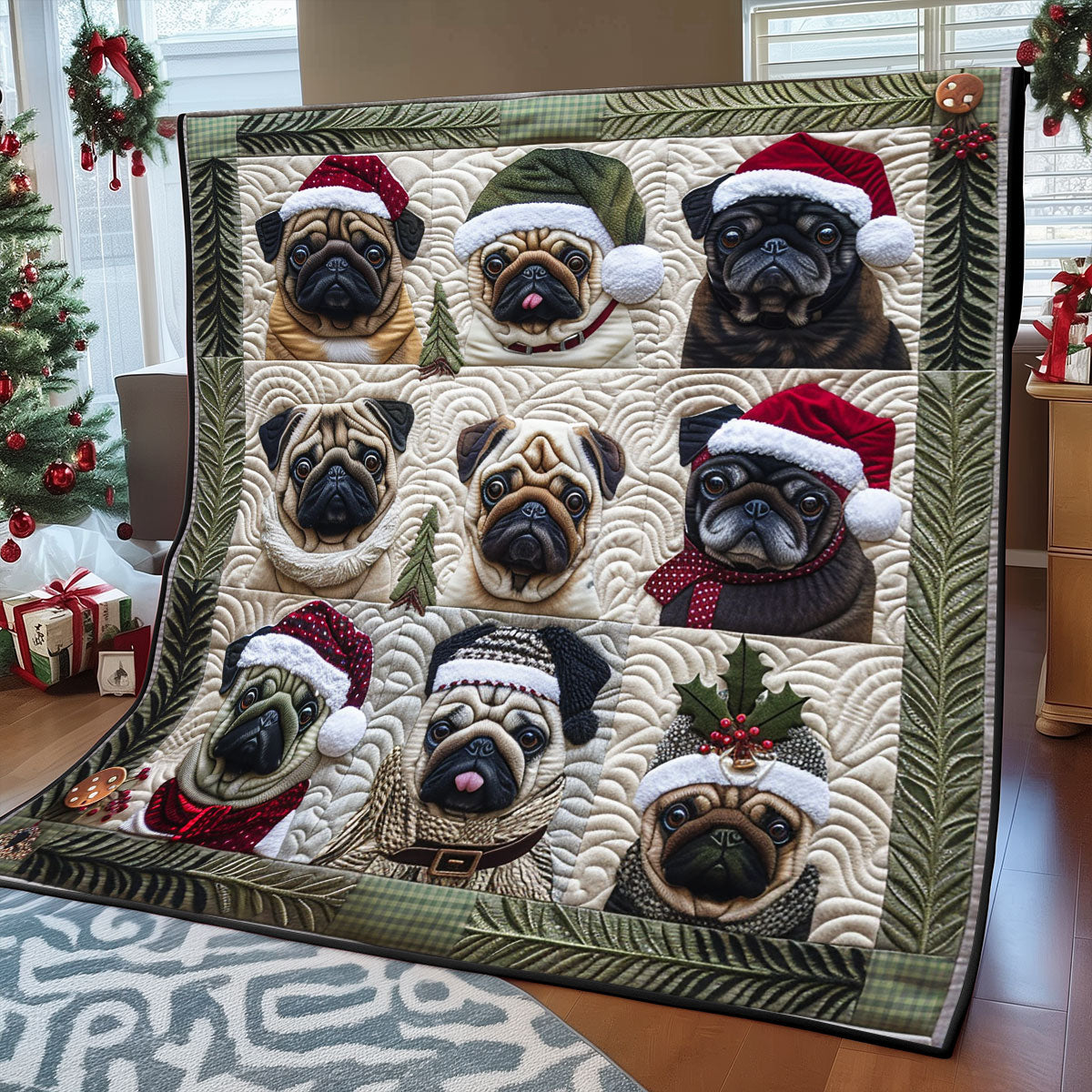 Festive Pug Christmas XR1308005CL Quilt