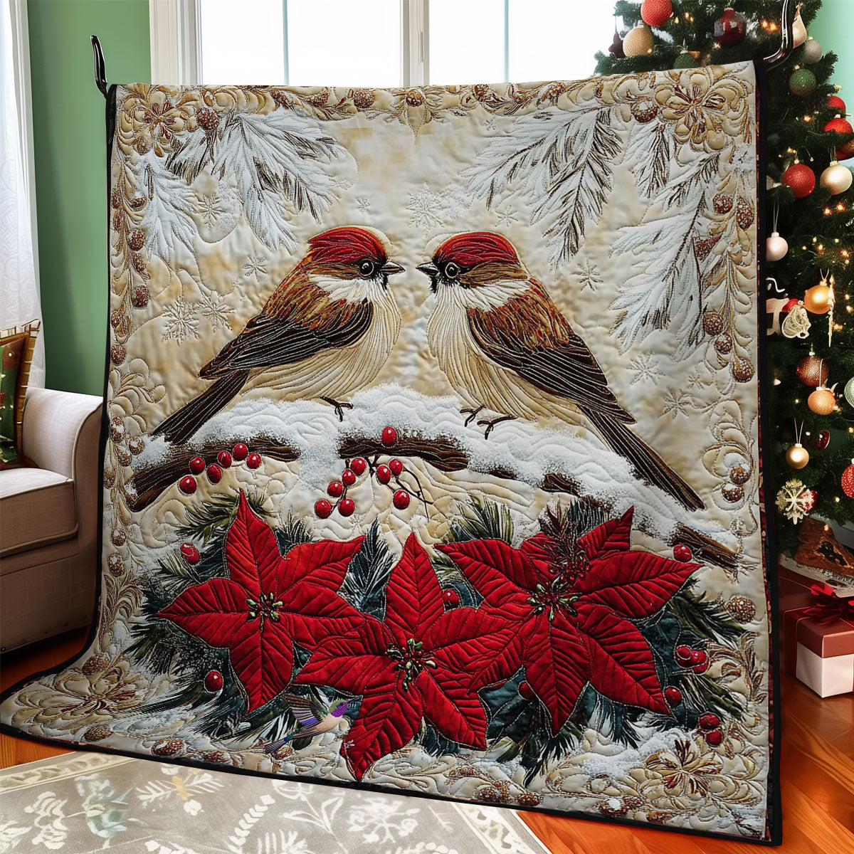 Poinsettia Couple Bird WY2611035CL Quilt